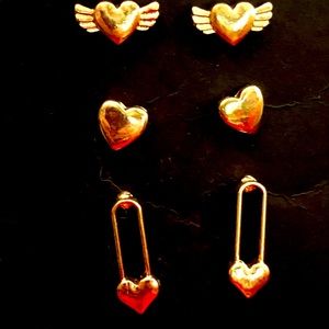 3 Gold Tone Small Heart Stud Earrings